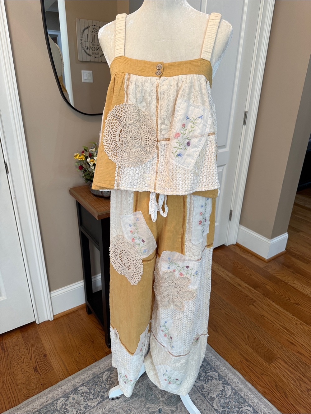 POL Patchwork Crochet Lace Embroidered Cami Wide Leg Pants Set S Boho